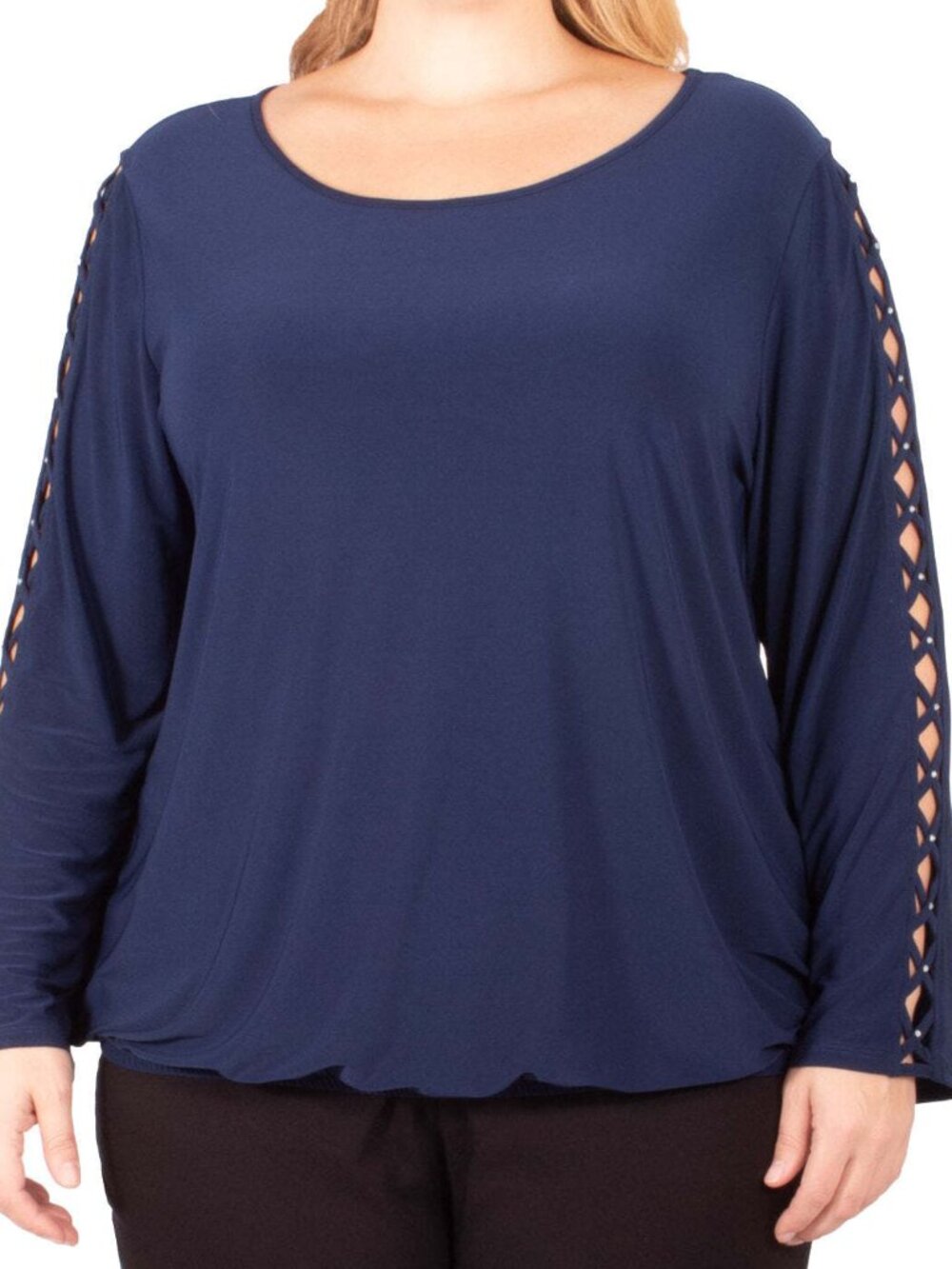 NY Collection Womens Plus Size Rhinestone Lattice Sleeve Top